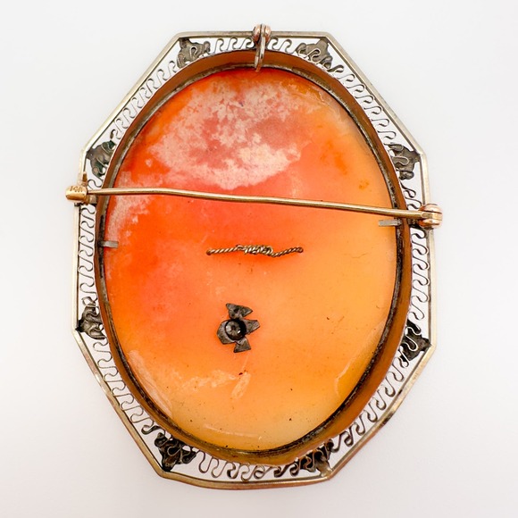 Antique Hand Carved Shell Cameo Habillé Brooch/Pendant 14k/10k Filigree Diamond - Picture 7 of 13